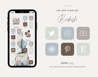 Bookish iPhone Icon Set, 2000 Icons with Bonus Wallpapers and Widgets, 500 icons, 4 shades, watercolor book lover widgets, reading quotes