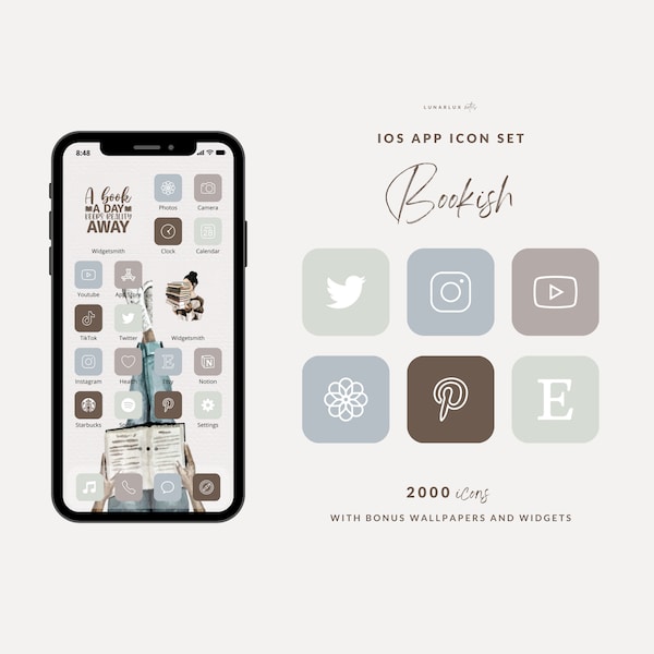Bookish iPhone Icon Set, 2000 Icons with Bonus Wallpapers and Widgets, 500 icons, 4 shades, watercolor book lover widgets, reading quotes
