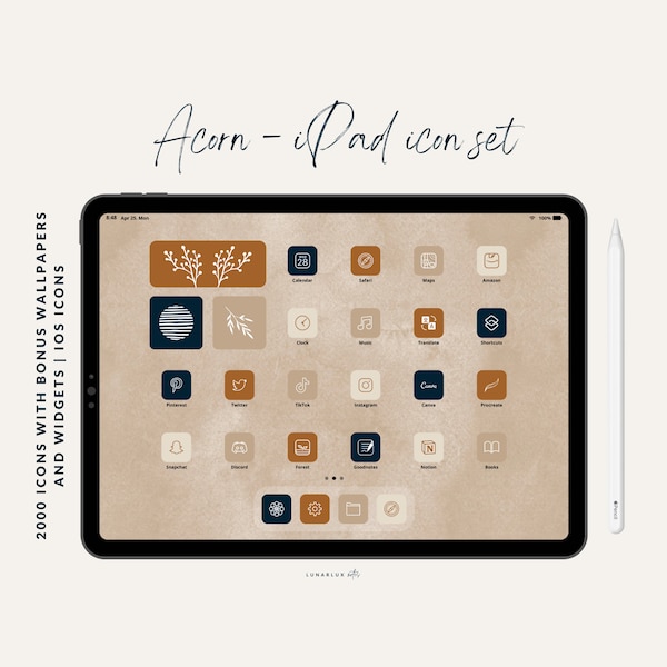 Acorn iPad Icon Set, 2000 Icons with Bonus Wallpapers and Minimalist and Boho Widgets, 500 icons in 4 aeshetic colors, iOS app icon set