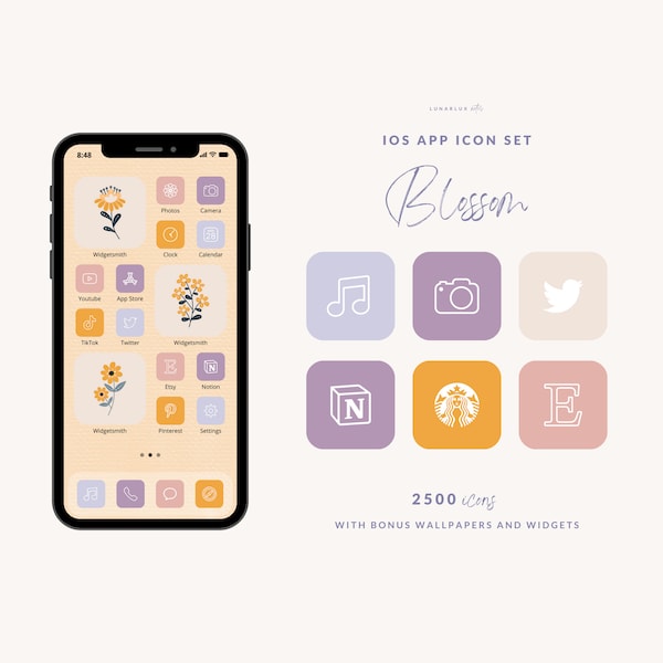 Blossom iPhone Icon Set, 2500 Icons with Bonus Wallpapers and Widgets, 500 icons, 5 aesthetic shades, colorful flower widgets, iOS app icons