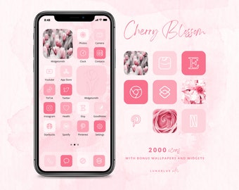 Cherry Blossom Icon Set, 2000 Icons with Bonus Wallpapers and Widgets, 500 icons in 4 vibrant pink shades, minimalist and boho widgets