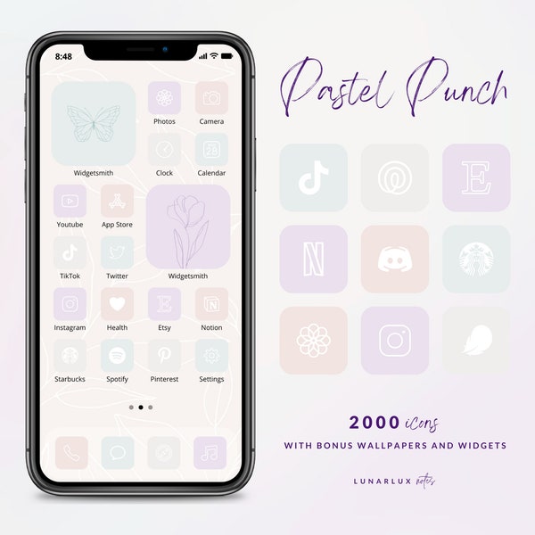 Ensemble d'icônes Pastel Punch, 2000 icônes avec fonds d'écran et widgets bonus minimalistes et Boho, 500 icônes en 4 nuances pastel, jeu d'icônes ios