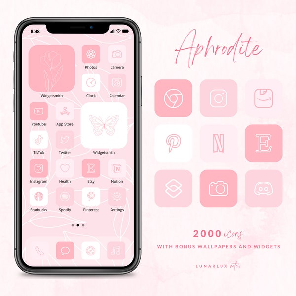 Aphrodite Icon Set, 2000 iconen met bonusachtergronden en widgets, 500 iconen in 4 zachtroze tinten, minimalistische en boho-widgets, iPhone-iconen
