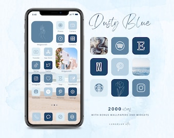 Dusty Blue iPhone App Icon Set, 2000 Icons with Bonus Minimalist and Boho Wallpapers and Widgets, 500 icons in 4 dusty blue shades