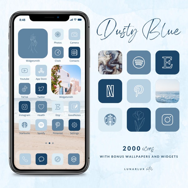 Dusty Blue iPhone App Icon Set, 2000 Icons mit Bonus Minimalist und Boho Wallpapers und Widgets, 500 Icons in 4 dusty blue Tönen