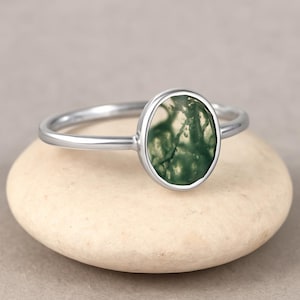 Green Moss Agate Ring | Certified Moss Agate 925K Sterling Silver Rose Gold | Authentic Agate Crystal Jewelry