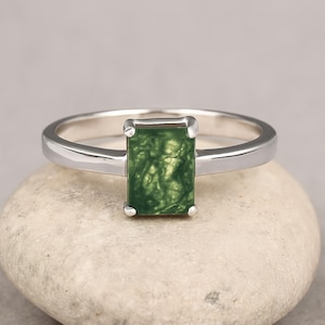 Green Moss Agate Ring | Certified Emerald Cut Moss Agate 925K Sterling Silver Rose Gold | Authentic Agate Crystal Jewelry