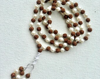 Collier de perles Mala Rudraksha et perles 108 | Collier de méditation noué à la main | Bijoux énergétiques de guérison | Cadeau spirituel pour homme et femme