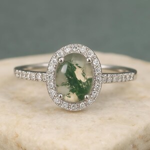 Green Moss Agate Engagement Ring, Wedding Unique Promise Ring, Bridal Ring Anniversary Gifts, Art Deco, Dainty Oval Moss Agate Ring
