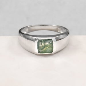 Green Moss Agate Men Ring | Certified Moss Agate 925K Sterling Silver Rose Gold Ring | Authentic Agate Crystal Jewelry