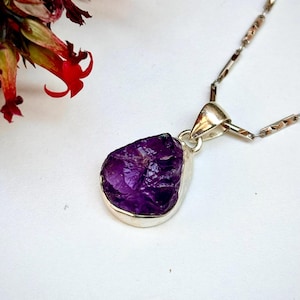 Raw Amethyst Silver Pendant Necklace | Natural Amethyst Crystal Jewelry | Healing Gemstone Necklace for Boho Style