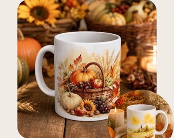 Erntedankfest Tasse 340 ml – Keramiktasse mit herbstlichem Panoramamotiv | Sublimationsdruck