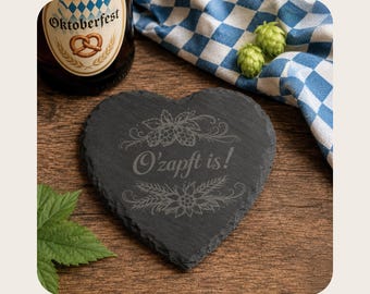 Schieferuntersetzer Herz Oktoberfest | UV-graviert mit Hopfen- und Edelweißmotiv | 10 cm mit Filzfüßchen