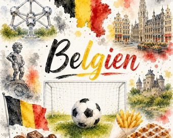 Grafische aquarel van een Belgisch voetbalteam – WK-fanart met vlag, doelpunt en Belgische motieven | Digitale download PNG