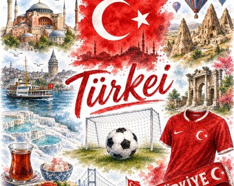 Grafische aquarel van een voetbalwedstrijd in Turkije – WK-fanart met vlag, doel en Turkije-motieven | Digitale download PNG