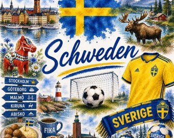 Grafische aquarel van Zweden in voetbalstijl – WK-fanart met vlag, doelpunt en Zweedse motieven | Digitale download PNG