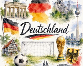 Grafische aquarel van een Duits voetbalteam – WK-fanart met vlag, doelpunt en Duitse motieven | Digitale download PNG
