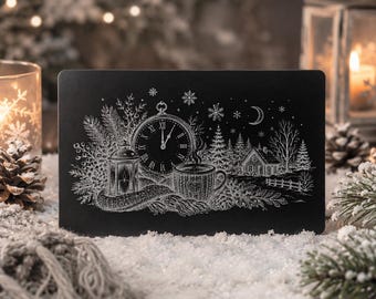 Winterzeit Karte aus Aluminium – UV-gravierte Metallkarte | Schwarz eloxiert im Visitenkartenformat