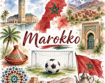 Marokkaans voetbal, aquarel – WK-fanart met vlag, doelpunt en Marokkaanse motieven | Digitale download PNG