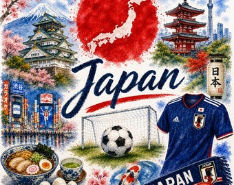 Japanse voetbalillustratie in aquarel – WK-fanart met vlag, doelpunt en Japanse motieven | Digitale download PNG