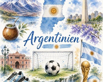 Grafische aquarel van Argentinië in voetbalstijl – WK-fanart met vlag, doelpunt en Argentijnse motieven | Digitale download PNG