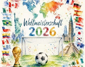 2026 FIFAワールドカップ グラフィック水彩画 – 世界地図、トロフィー、国旗 | デジタルダウンロード PNG | サッカー装飾