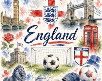 Engelse voetbalillustratie in aquarel – WK-fanart met vlag, doelpunt en Engelse motieven | Digitale download PNG