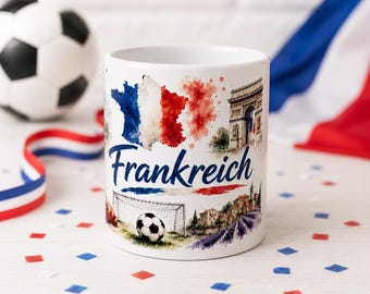 Keramiktasse Frankreich – Fußball Aquarell Tasse mit Flagge, Tor & Frankreich-Motiven | 330 ml