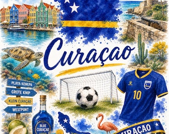 Curaçao voetbal grafische aquarel – WK fanart met vlag, doel en eilandmotieven | Digitale download PNG