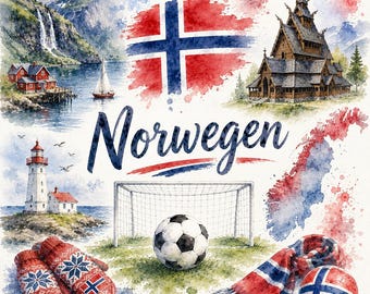 Grafische aquarel van Noorwegen met voetbalthema – WK-fanart met vlag, doelpunt en Noorse motieven | Digitale download PNG