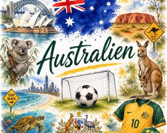 Grafische aquarel van Australisch voetbal – WK-fanart met vlag, doelpunt en Australische motieven | Digitale download PNG