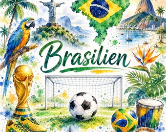 Grafische aquarel van een Braziliaans voetbalteam – WK-fanart met vlag, doelpunt en Braziliaanse motieven | Digitale download PNG