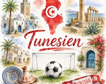 Tunesië voetbal grafische aquarel – WK fanart met vlag, doelpunt en Tunesische motieven | Digitale download PNG