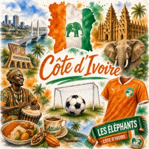 Könnte beinhalten: Aquarell-Illustration von Côte d'Ivoire mit der Nationalflagge, einem Elefanten und einem Fußballtrikot. Enthält einen Fußball, einen Mann, der Trommeln spielt, lokale Küche und die Texte "Côte d'Ivoire" und "Les Éléphants".