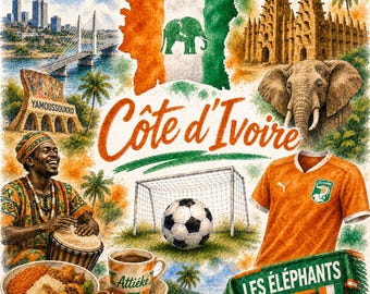 Ivoorkust voetbal grafische aquarel – WK fanart met vlag, doel en Afrikaanse motieven | Digitale download PNG