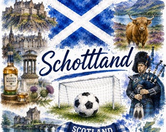Grafische aquarel van een Schots voetbalteam – WK-fanart met vlag, doel en motieven van de Schotse Hooglanden | Digitale download PNG