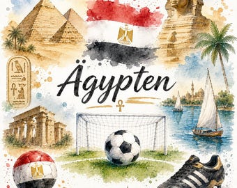 Grafische aquarel van een voetbalwedstrijd in Egypte – WK-fanart met vlag, doelpunt en Egyptische motieven | Digitale download PNG