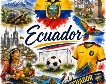 Ecuador voetbal grafische aquarel – WK fanart met vlag, doel en Ecuador motieven | Digitale download PNG