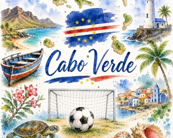 Grafische aquarel van Kaapverdisch voetbal – WK-fanart met vlag, doel en Kaapverdische motieven | Digitale download PNG
