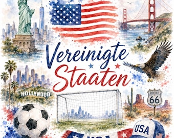 Grafische aquareltekening van het Amerikaanse voetbalteam – WK-fanart met vlag, doel en herkenningspunt | Digitale download PNG