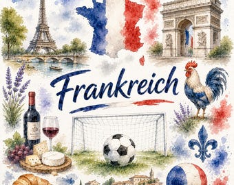 Grafische aquarel van Frankrijks voetbal – WK-fanart met vlag, doelpunt en Franse motieven | Digitale download PNG
