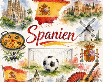Spaanse voetbalillustratie in aquarel – WK-fanart met vlag, doelpunt en Spaanse motieven | Digitale download PNG