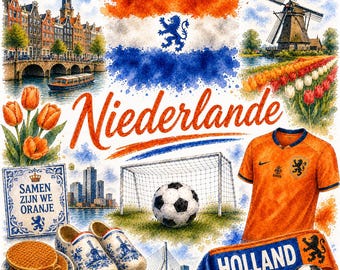 Grafische aquarel van Nederlands voetbal – WK-fanart met vlag, doelpunt en Holland-motieven | Digitale download PNG