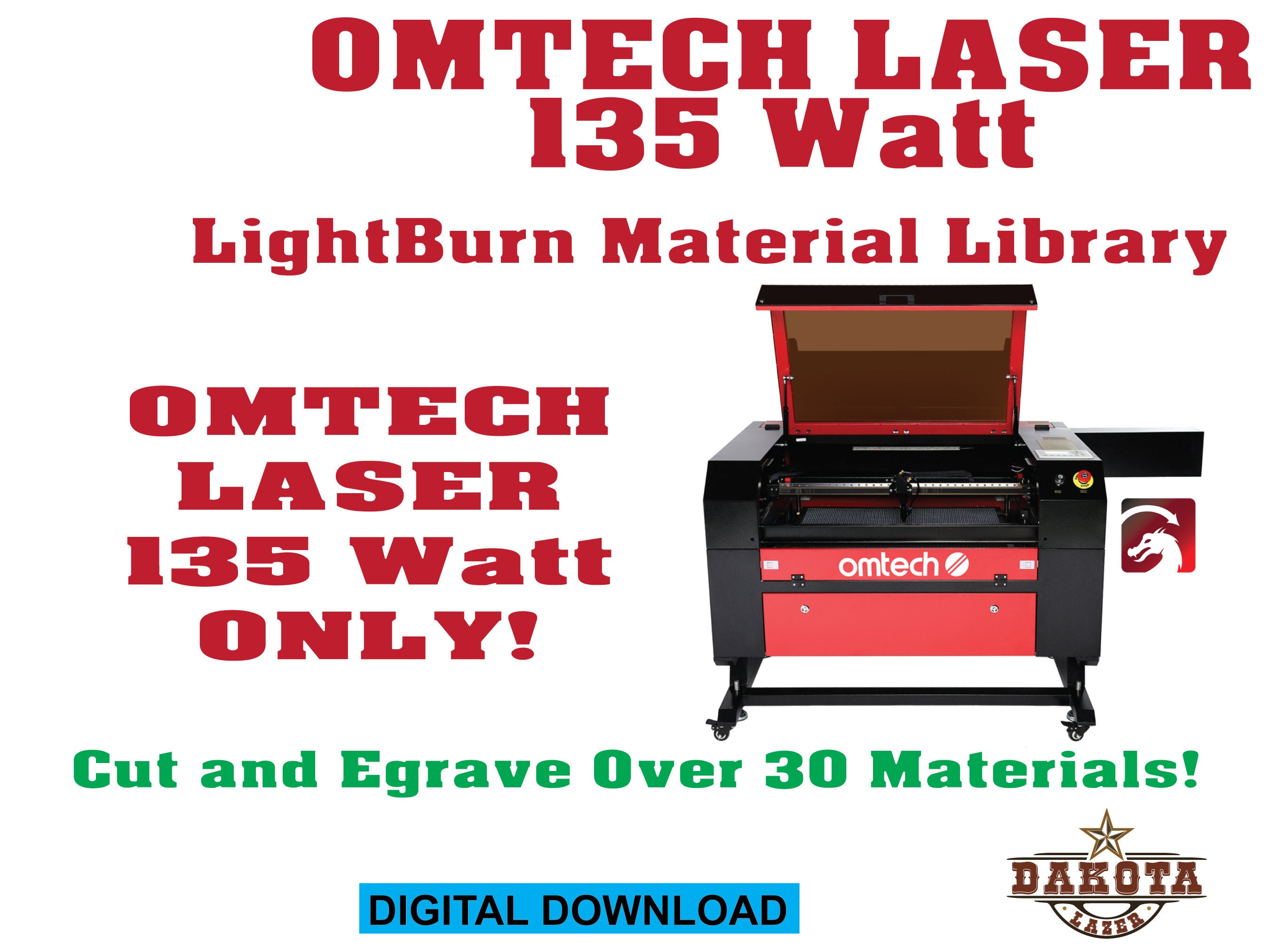 OMTECH Laser 135 Watt Lightburn Materials Library and Ultimate Laser Tools OMTECH  Laser 135 Watt ONLY 