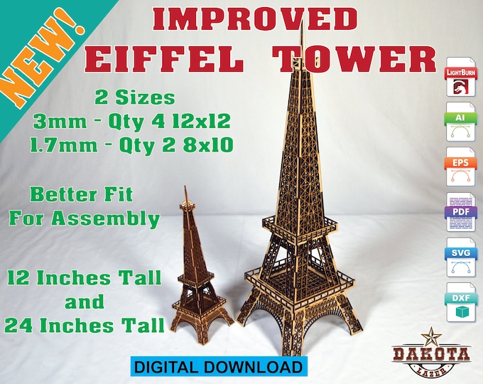 Improved Eiffel Tower in 2 Sizes  (Lightburn dxf eps svg pdf ai)