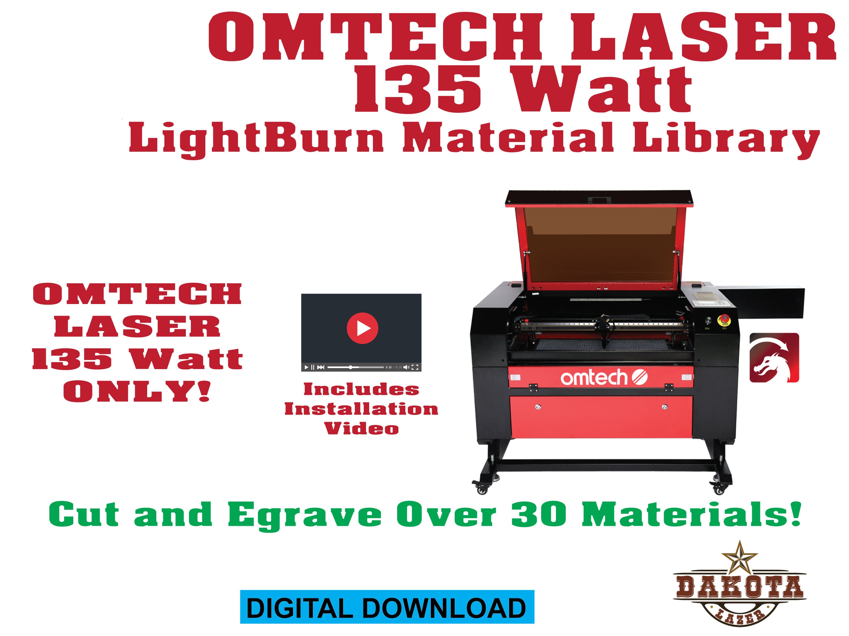 OMTECH Laser 135 Watt Lightburn Materials Library and Ultimate Laser
