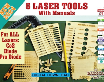 Ultimate Laser Tool Kit - 6 Tools: Engrave/Cut Test, Slot Sizer, Hole Sizer, Kerf Finder, Grid Pins, Grid Square & Guide eps svg pdf ai