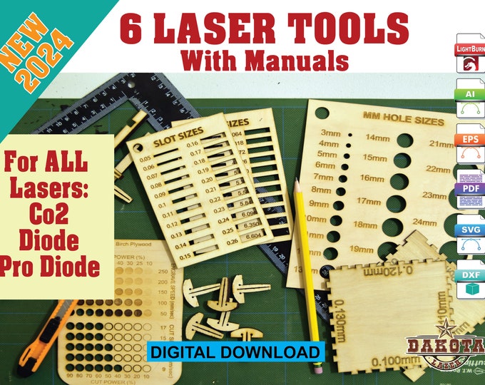Ultimate Laser Tool Kit - 6 Tools: Engrave/Cut Test, Slot Sizer, Hole Sizer, Kerf Finder, Grid Pins, Grid Square & Guide eps svg pdf ai