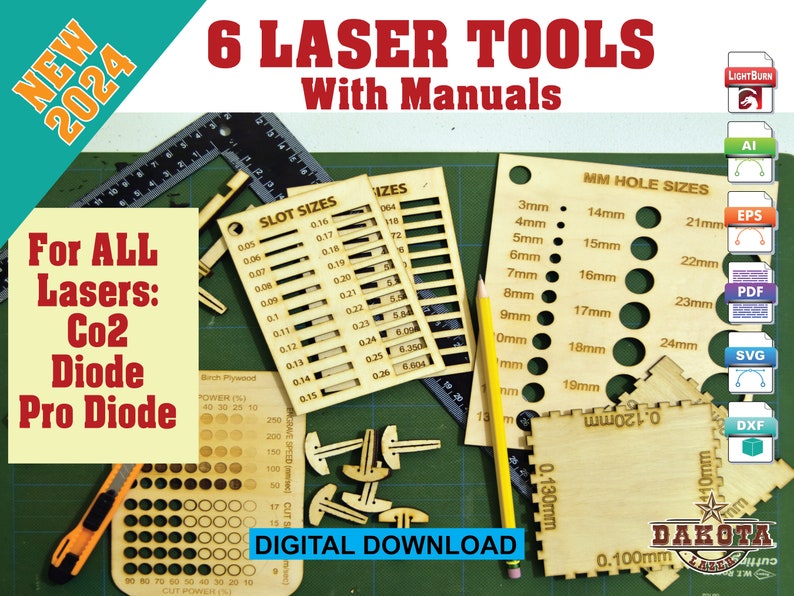 Ultimate Laser Tool Kit 6 Tools: Engrave/Cut Test, Slot Sizer, Hole Sizer, Kerf Finder, Grid Pins, Grid Square & Guide eps svg pdf ai image 1