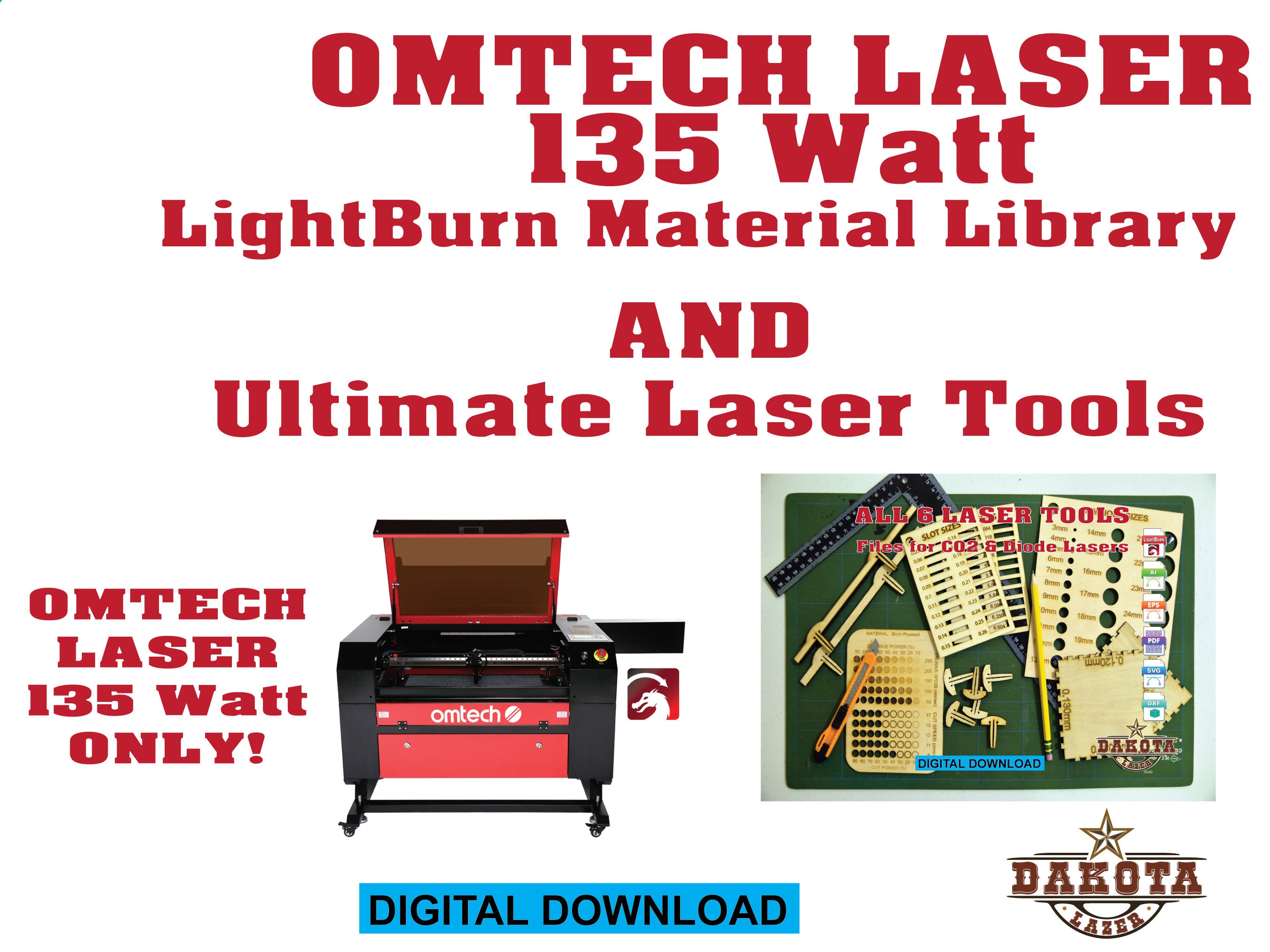 OMTECH Laser 135 Watt Lightburn Materials Library and Ultimate Laser Tools OMTECH  Laser 135 Watt ONLY 